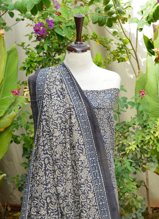 Organic Dye Ajrak Grey Floral Paisley Two-Piece – Hand Block Printed Unstitched Lawn Set | Ajrak Design Dress