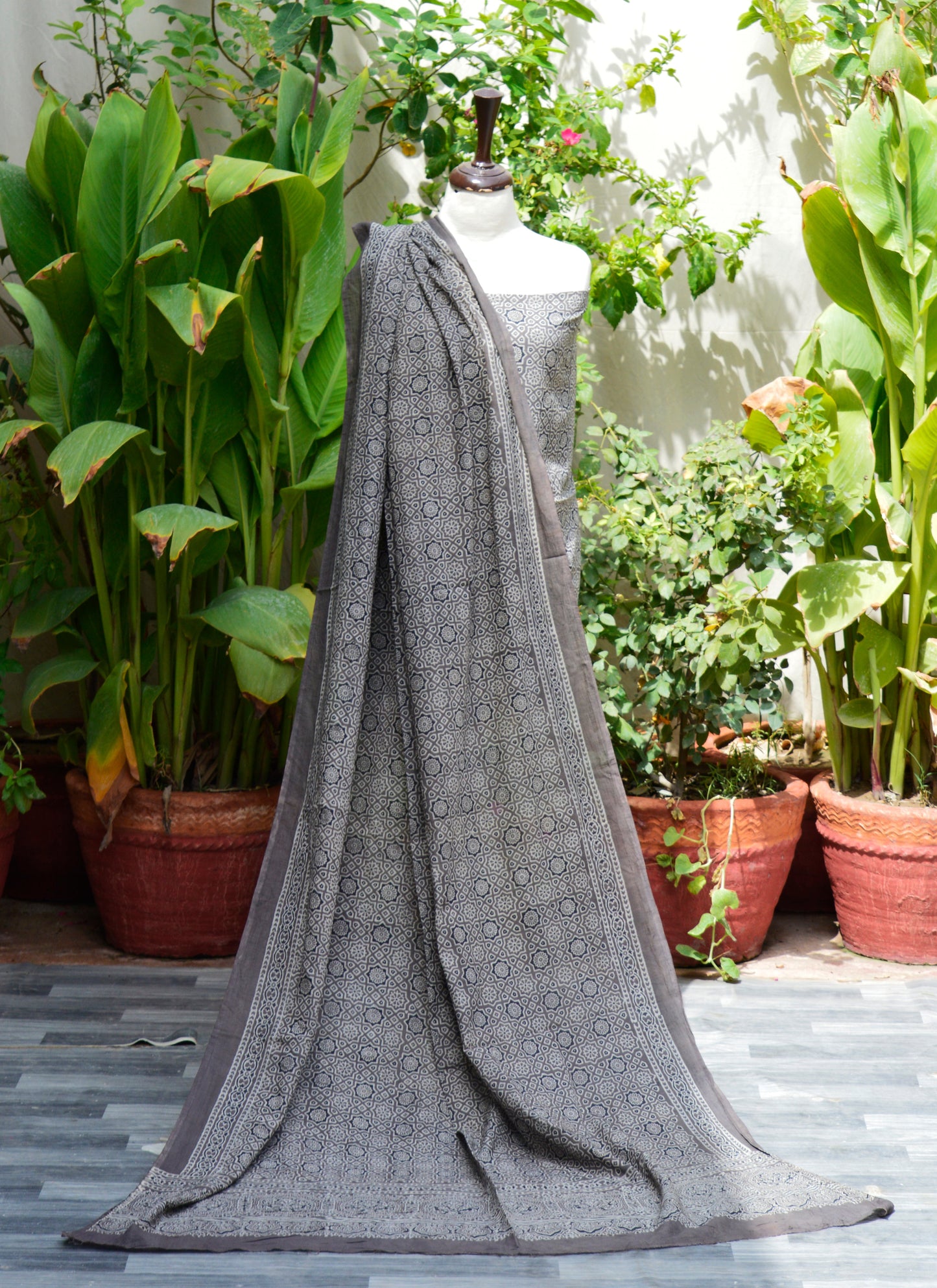 Ajrak Design Dress Grey Moroccan – Organic Dye Hand Block Printed Two‑Piece (Lawn)