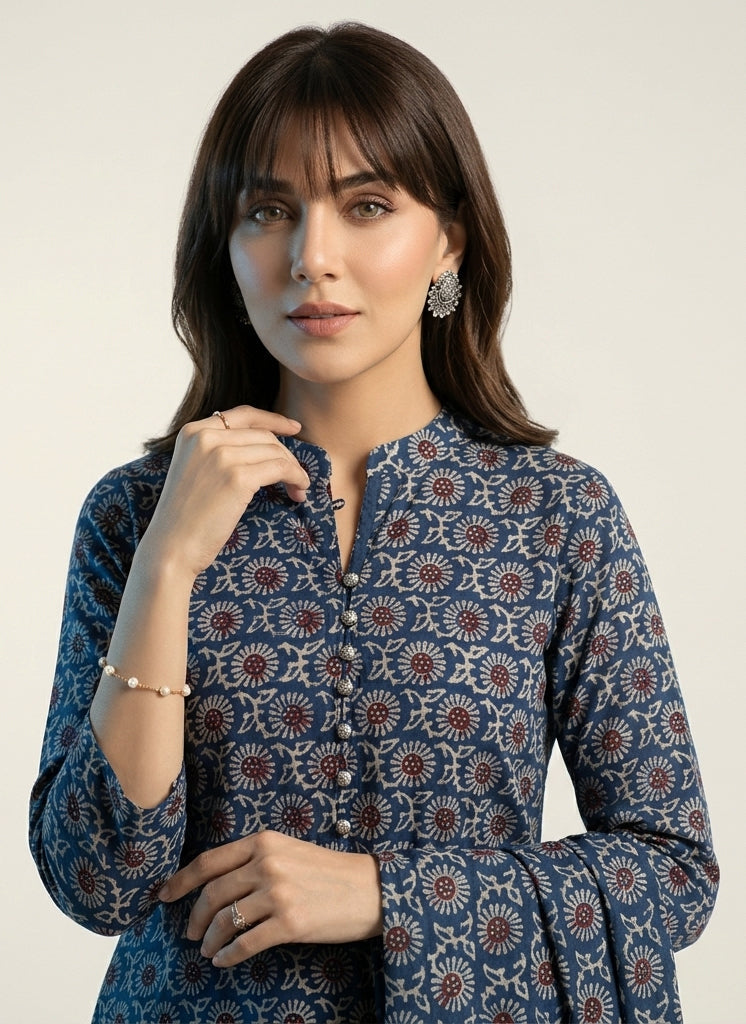Ajrak Indigo Midnight Magic Mums – Hand Block Printed Unstitched Lawn Two-Piece (Shirt & Dupatta)