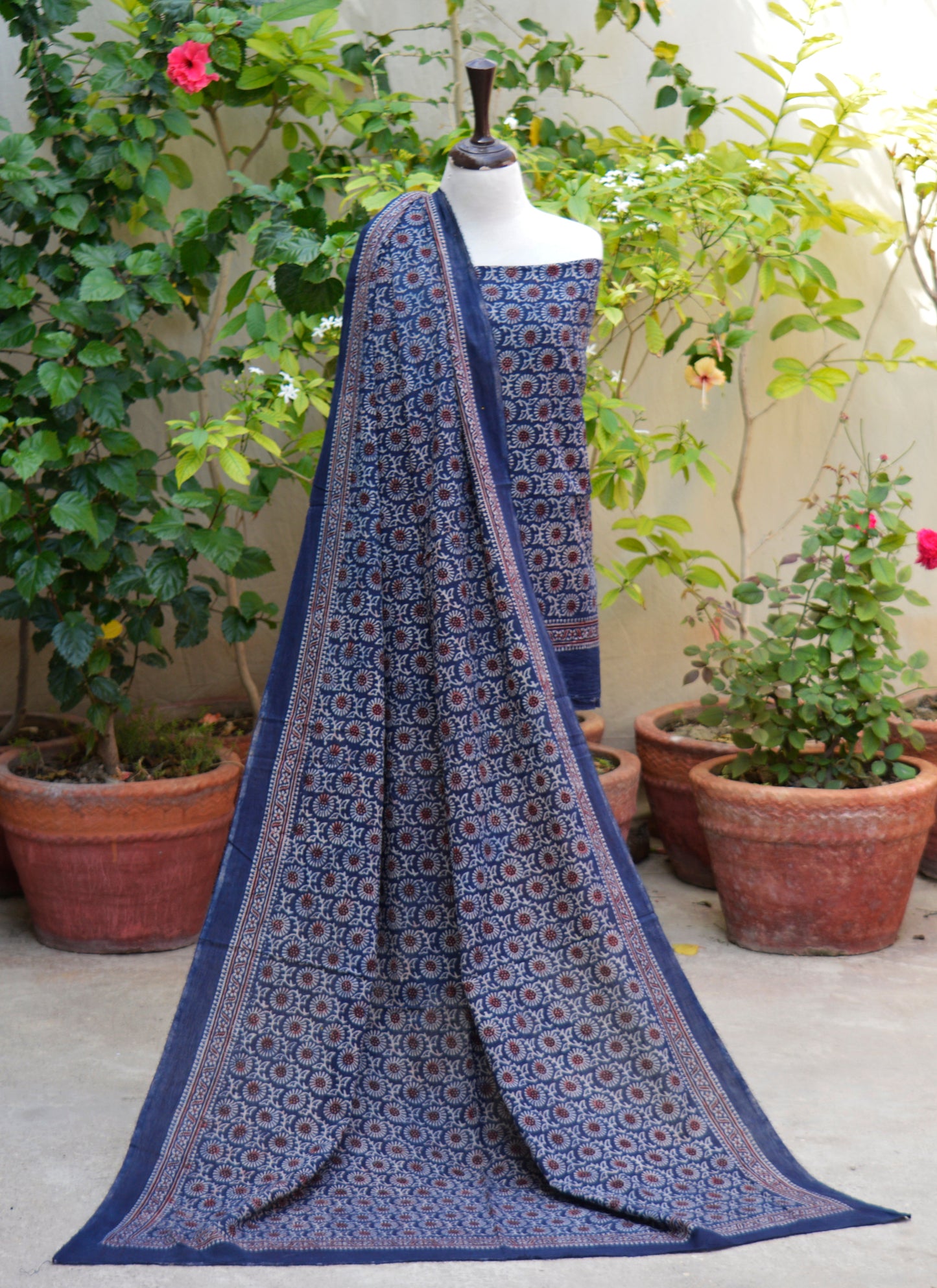 Ajrak Indigo Midnight Magic Mums – Hand Block Printed Unstitched Lawn Two-Piece (Shirt & Dupatta)
