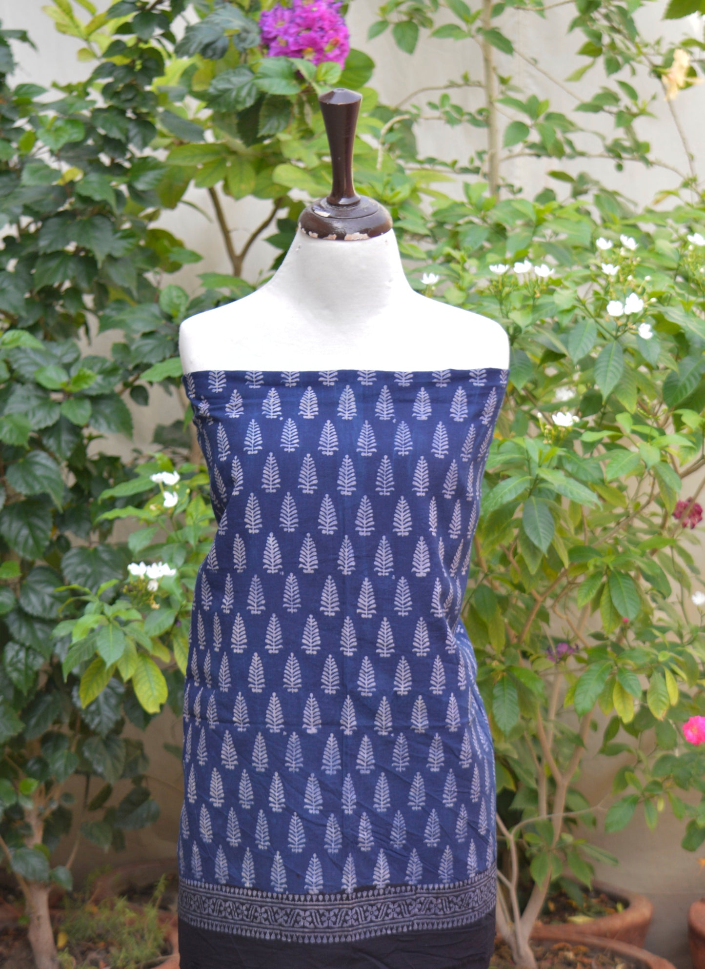Ajrak Mountain Buta Indigo Hand Block Printed Unstitched Lawn Two-Piece (Shirt & Dupatta) | Ajrak Design Dress
