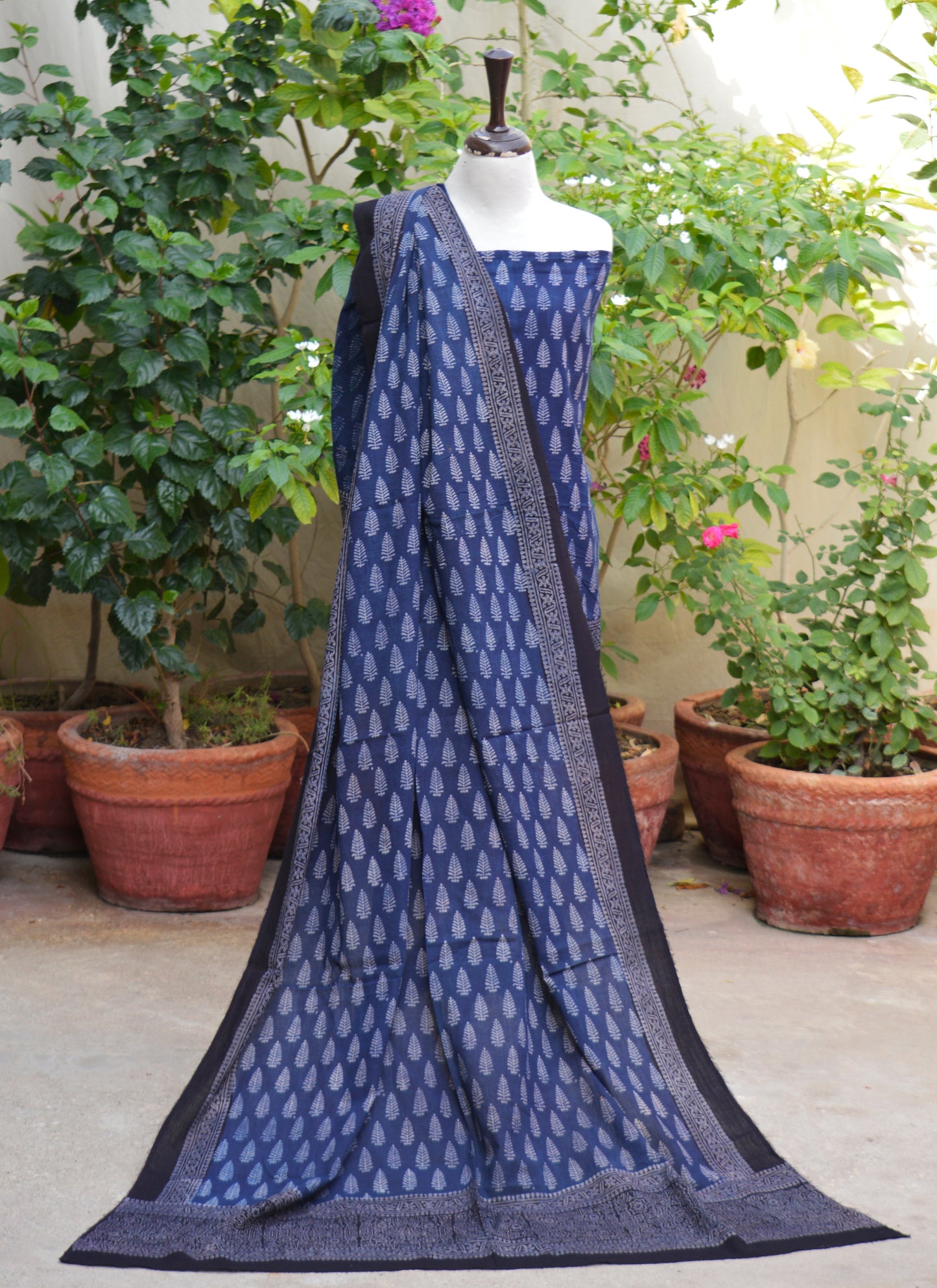Ajrak Mountain Buta Indigo Hand Block Printed Unstitched Lawn Two-Piece (Shirt & Dupatta) | Ajrak Design Dress