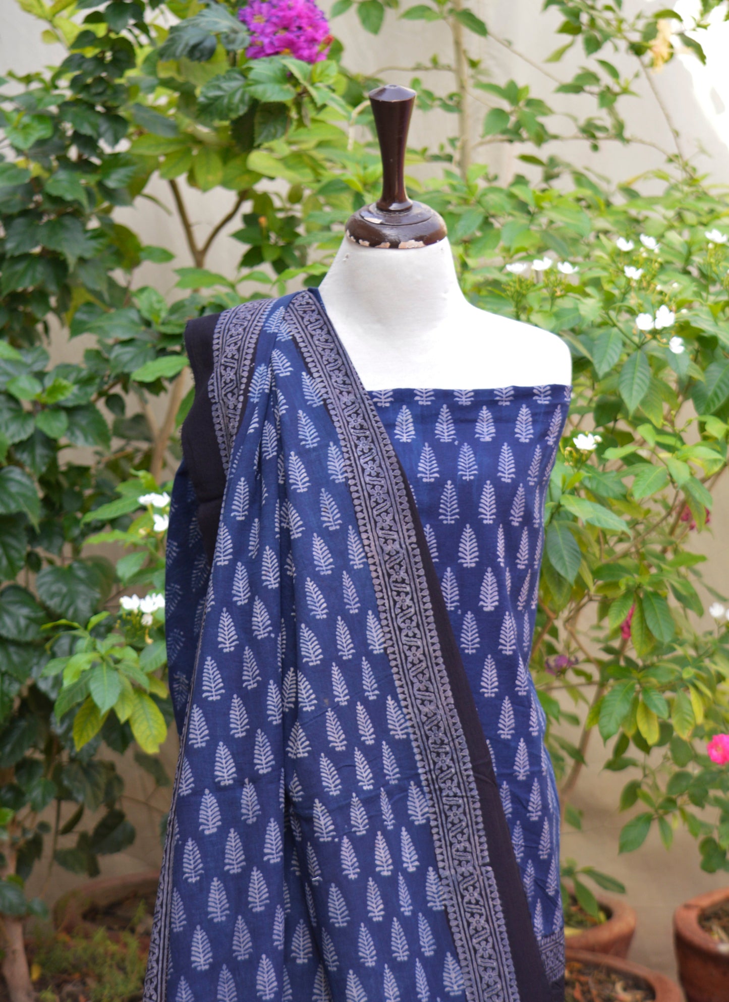 Ajrak Mountain Buta Indigo Hand Block Printed Unstitched Lawn Two-Piece (Shirt & Dupatta) | Ajrak Design Dress