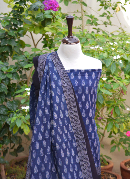 Ajrak Mountain Buta Indigo Hand Block Printed Unstitched Lawn Two-Piece (Shirt & Dupatta) | Ajrak Design Dress