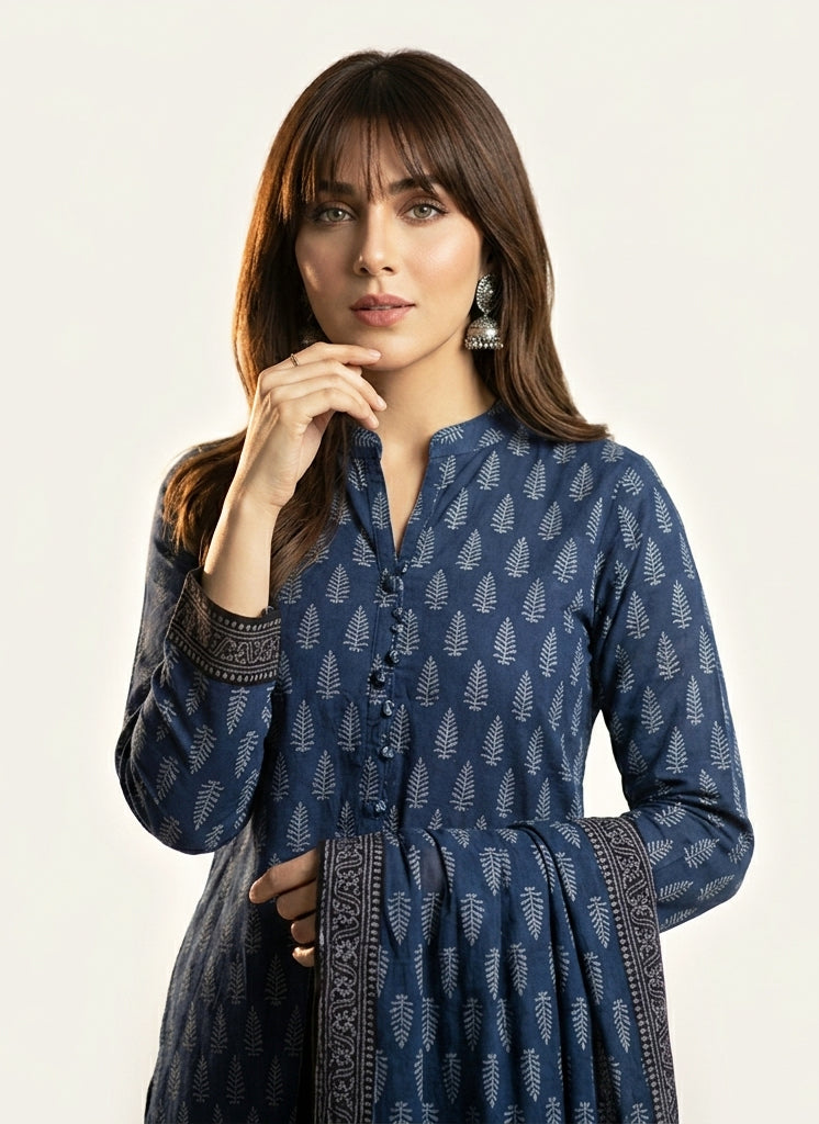 Ajrak Mountain Buta Indigo Hand Block Printed Unstitched Lawn Two-Piece (Shirt & Dupatta) | Ajrak Design Dress