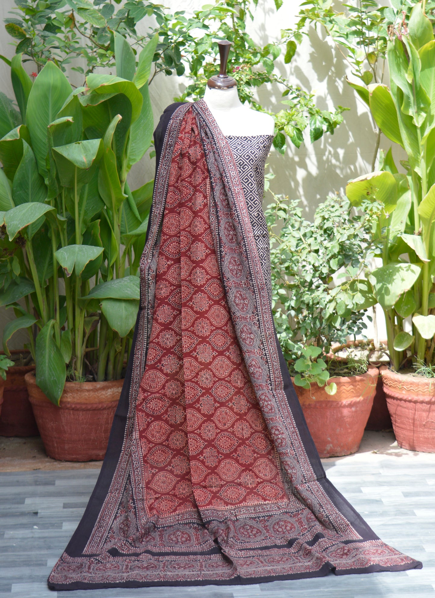 Organic Dye Hand Block Printed Ajrak Noorey Un-Stitched Two-Piece Lawn Fabric