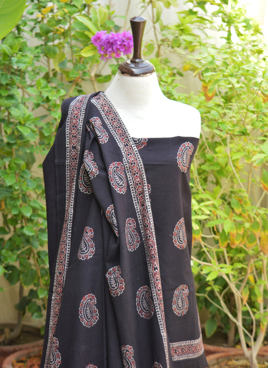 Organic Dye Hand Block Printed Ajrak Black Base Two Tone Anbi Two-Piece Suit – Lawn Shirt & Dupatta | Ajrak Design Dress