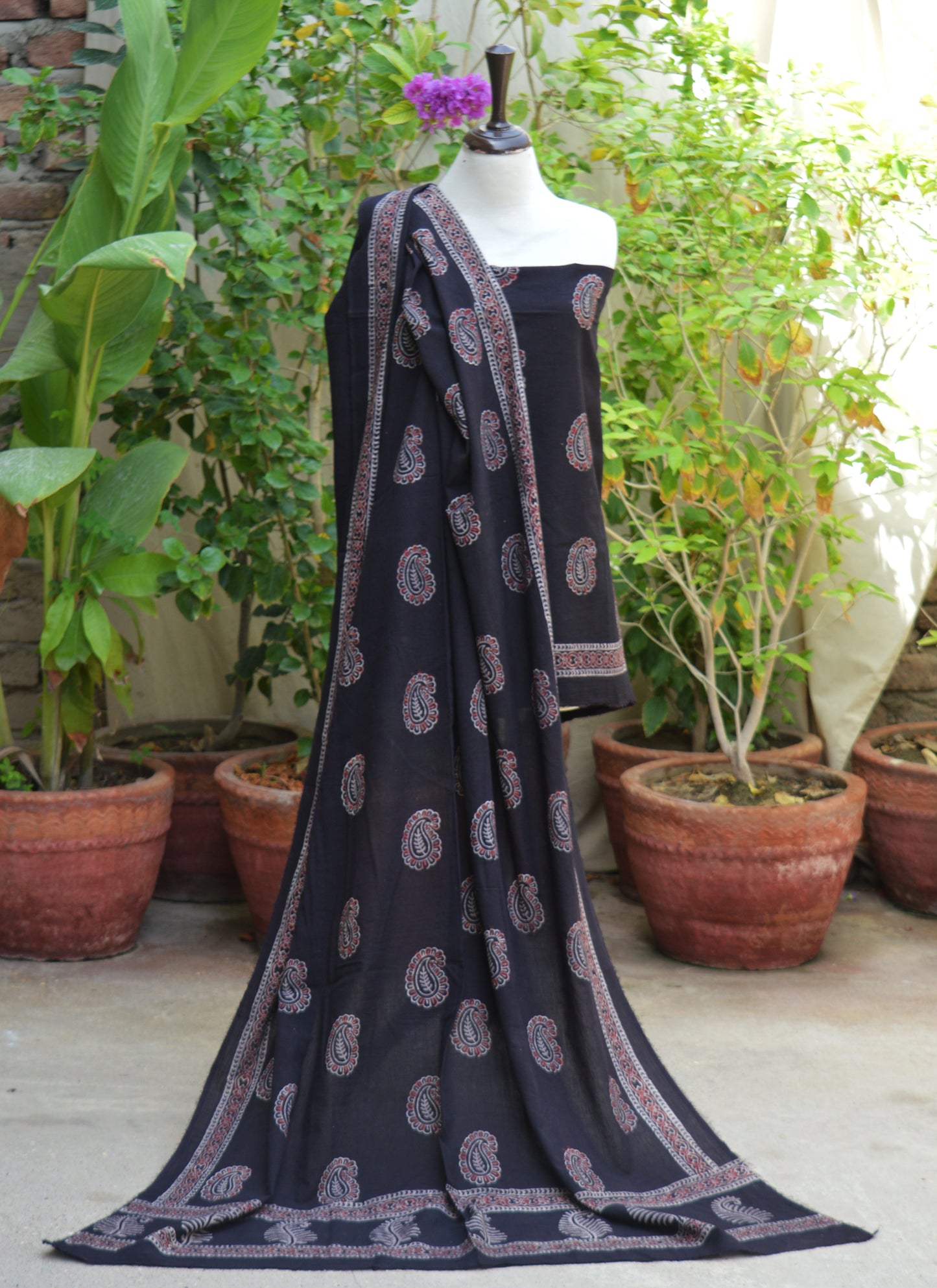 Organic Dye Hand Block Printed Ajrak Black Base Two Tone Anbi Two-Piece Suit – Lawn Shirt & Dupatta | Ajrak Design Dress