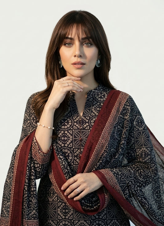 Ajrak Black Chunri Two-Piece – Organic Dye Hand Block Printed (Lawn Shirt & Dupatta)