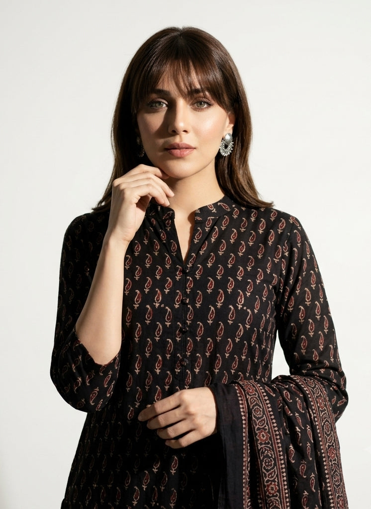 Ajrak Black Kerry – Unstitched Lawn Two-Piece (Shirt & Dupatta)