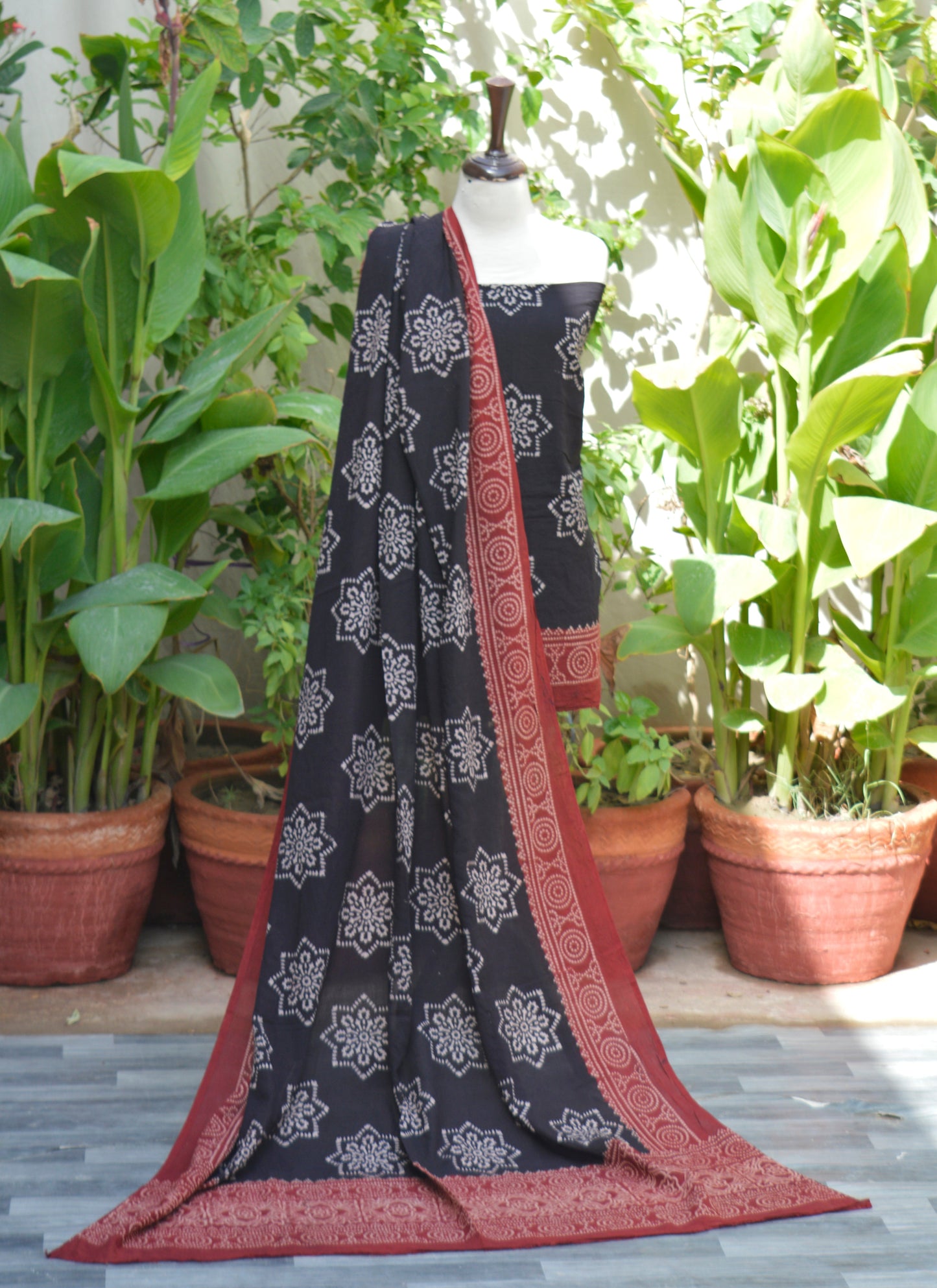 Organic Dye Ajrak Black Starry Lawn Suit – Hand Block Printed Unstitched Two-Piece (Shirt & Dupatta) | Ajrak Design Dress