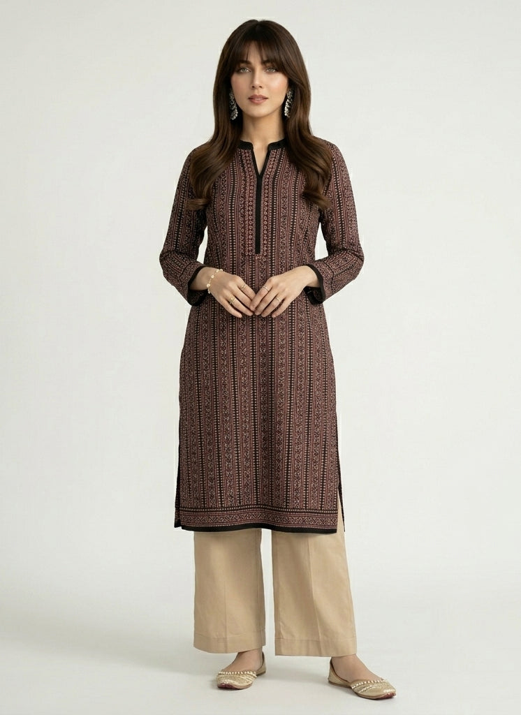 Ajrak Design Dress — Black Stripe Kurta with Calamansi Color Trouser | Hand Block Printed Unstitched Lawn Two-Piece