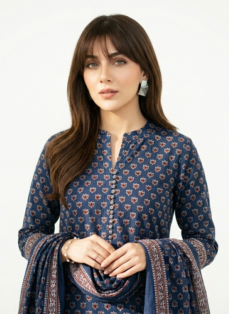 Ajrak Blue Lotus Hand Block Printed Two-Piece (Shirt & Dupatta) – Premium Lawn | Ajrak Design Dress