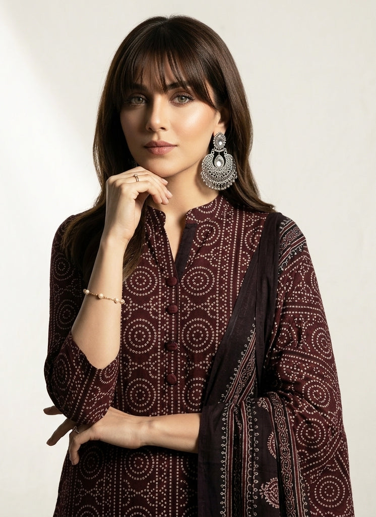 Organic Dye Hand Block Printed Ajrak Chunri Maroon Two‑Piece Lawn Set – Unstitched Shirt & Dupatta
