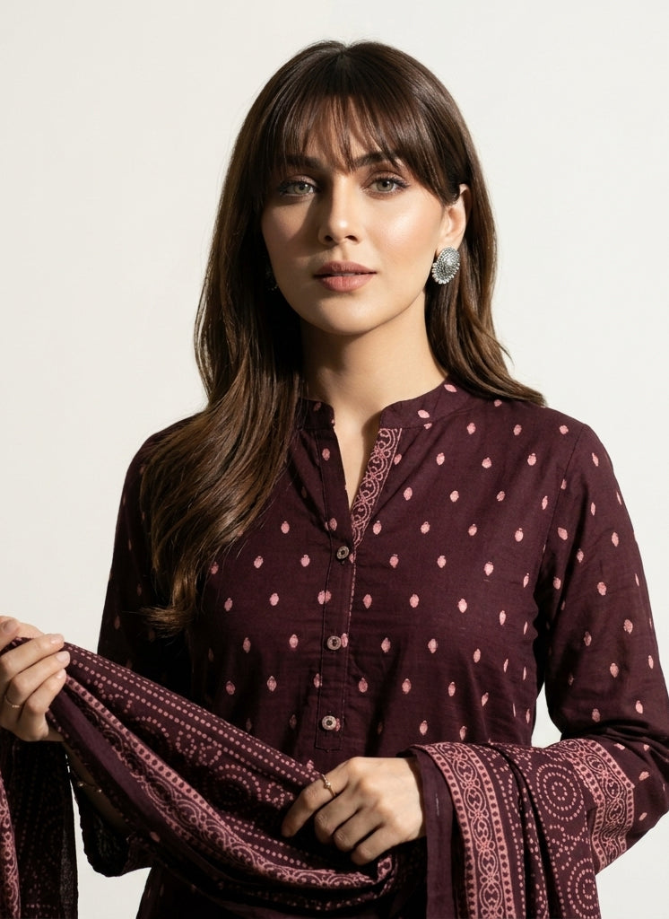 Organic Dye Burgundy Ajrak Lawn Suit – Hand Block Printed Unstitched Two-Piece (Shirt & Dupatta) | Ajrak Design Dress