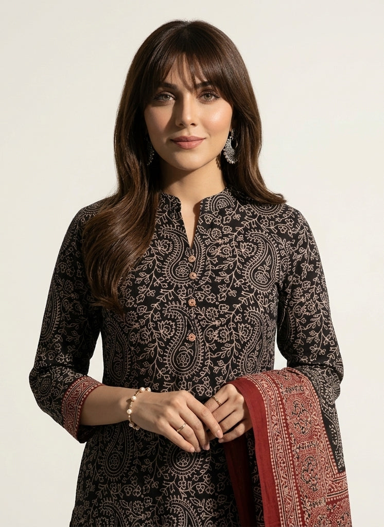 Ajrak Design Dress Anbi Contrast – Red & Black Unstitched Lawn Two-Piece (Shirt & Dupatta)