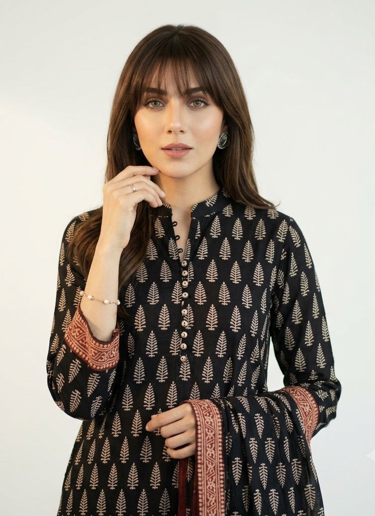 Ajrak Design Dress Mountain Butta Black Contrast Lawn – Hand Block Printed Unstitched Two-Piece (Shirt & Dupatta)