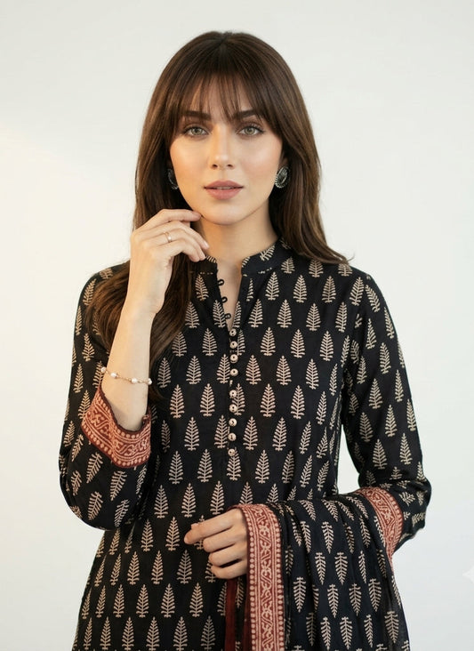 Ajrak Design Dress Mountain Butta Black Contrast Lawn – Hand Block Printed Unstitched Two-Piece (Shirt & Dupatta)
