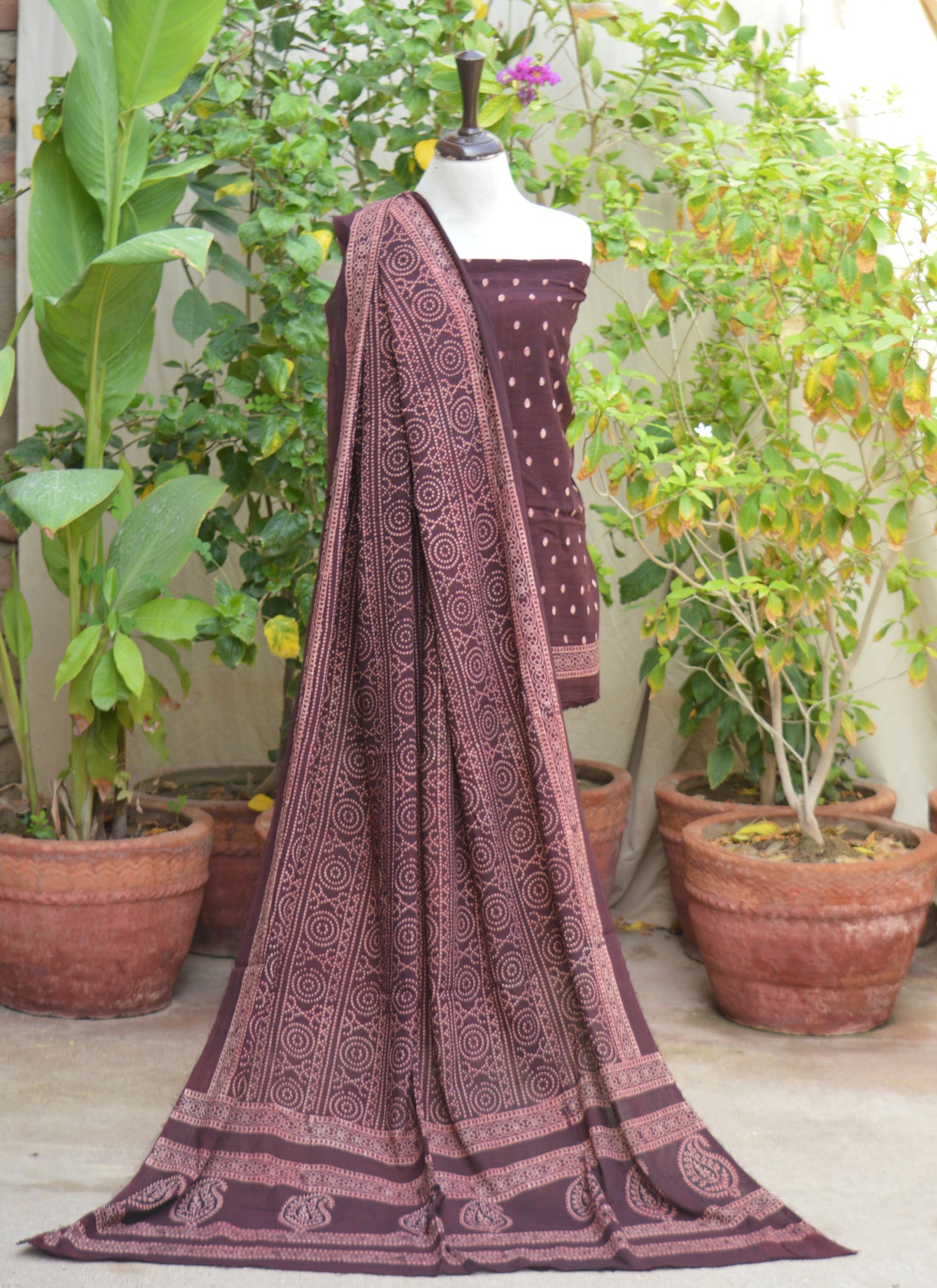 Organic Dye Burgundy Ajrak Lawn Suit – Hand Block Printed Unstitched Two-Piece (Shirt & Dupatta) | Ajrak Design Dress