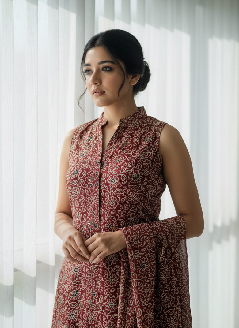 Ajrak Design Dress Red Floral Bel – Organic Dye Hand Block Printed Two-Piece (Lawn)