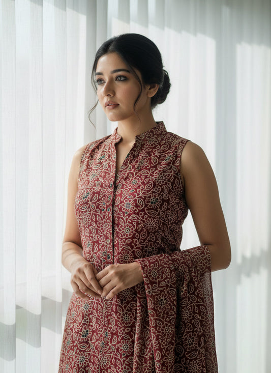 Ajrak Design Dress Red Floral Bel – Organic Dye Hand Block Printed Two-Piece (Lawn)