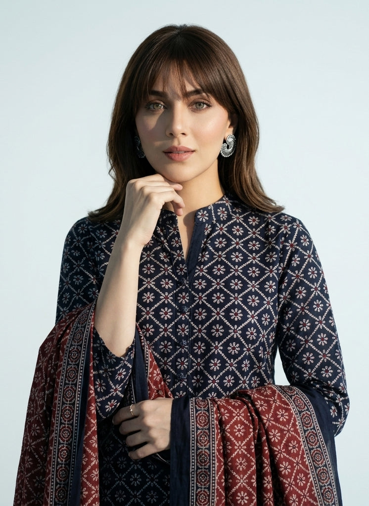 Ajrak Design Dress Floral Jaal Contrast – Organic Dye Hand Block Printed Lawn Two-Piece (Shirt & Dupatta)