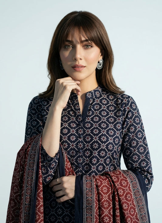 Ajrak Design Dress Floral Jaal Contrast – Organic Dye Hand Block Printed Lawn Two-Piece (Shirt & Dupatta)