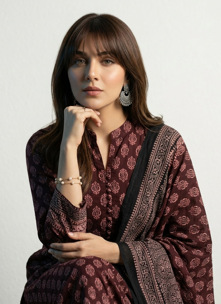 Ajrak Floral Maroon Two-Piece – Organic Dye Hand Block Printed Lawn (Shirt & Dupatta)