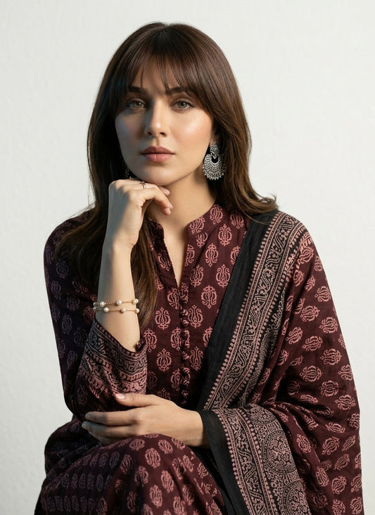 Ajrak Floral Maroon Two-Piece – Organic Dye Hand Block Printed Lawn (Shirt & Dupatta)