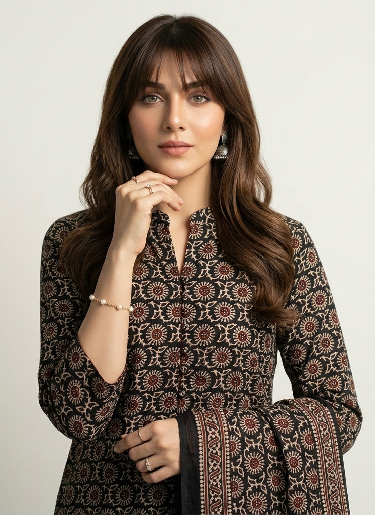 Ajrak Midnight Magic Mums – Hand Block Printed Unstitched Lawn Two-Piece (Shirt & Dupatta)