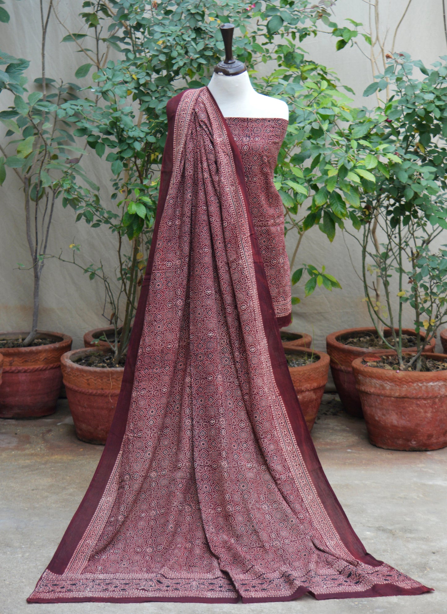 Ajrak Design Dress Maroon Lawn– Organic Dye Hand Block Printed Luxury Ethnic Wear
