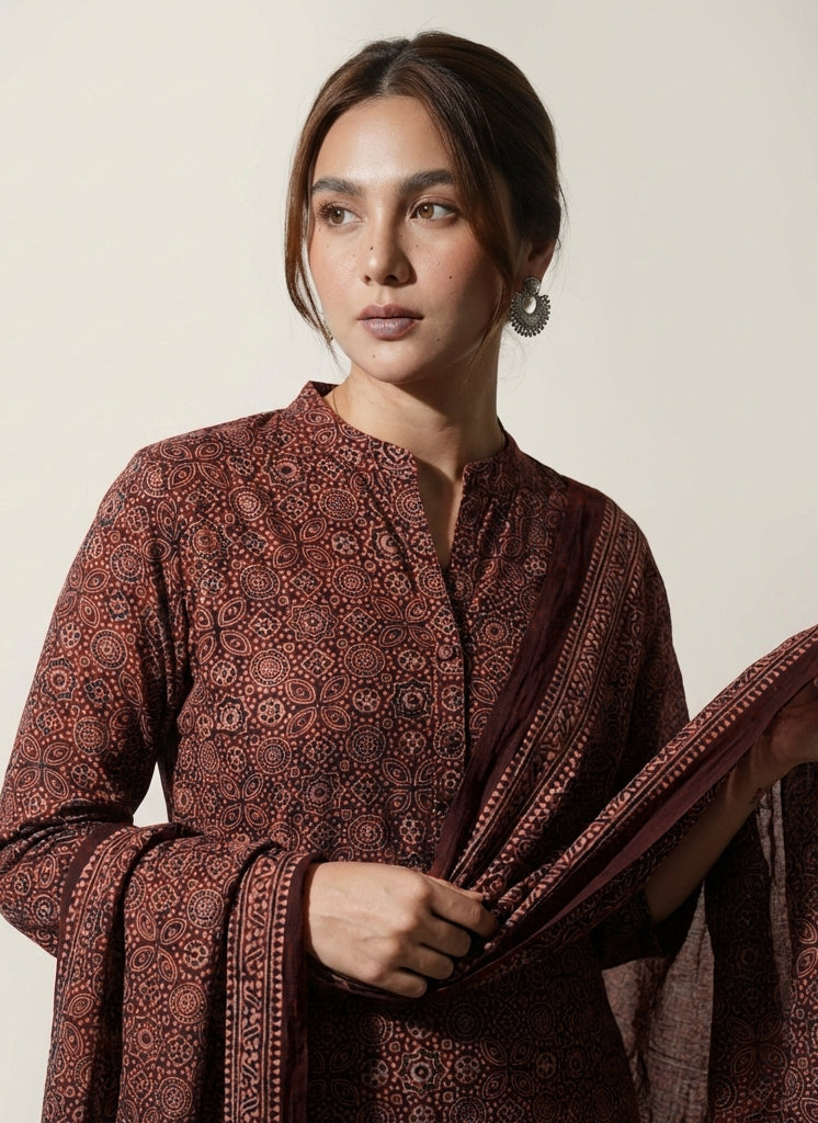 Ajrak Design Dress Maroon Lawn– Organic Dye Hand Block Printed Luxury Ethnic Wear