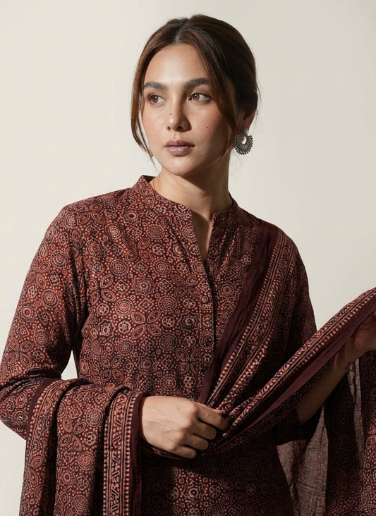 Ajrak Design Dress Maroon Lawn– Organic Dye Hand Block Printed Luxury Ethnic Wear