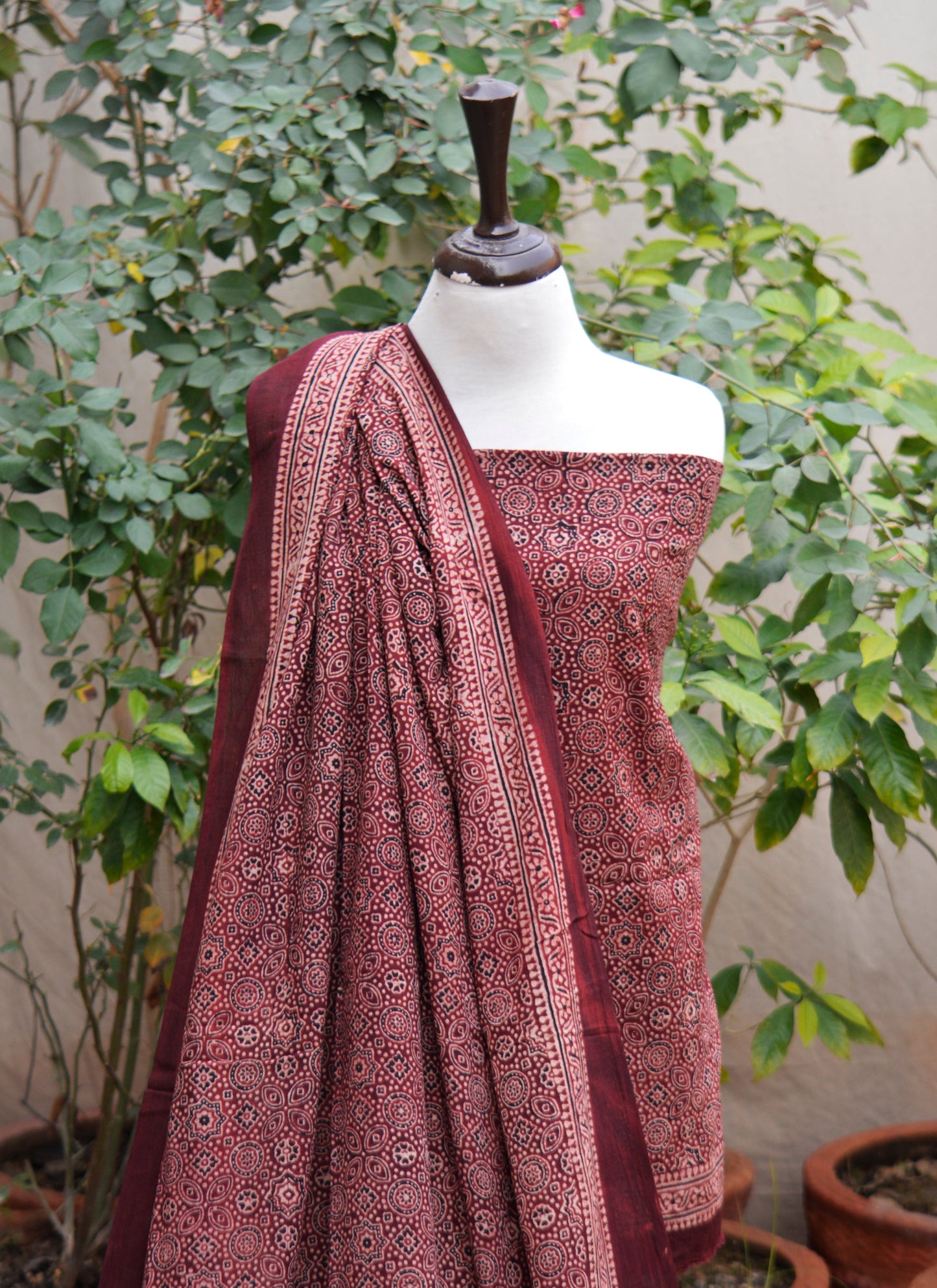 Ajrak Design Dress Maroon Lawn– Organic Dye Hand Block Printed Luxury Ethnic Wear