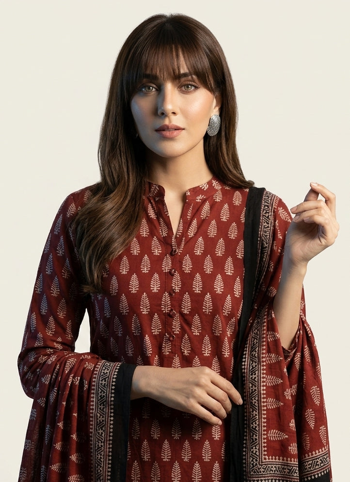Organic Dye Hand Block Printed Ajrak Mountain Buta Two-Piece – Lawn (Shirt & Dupatta)