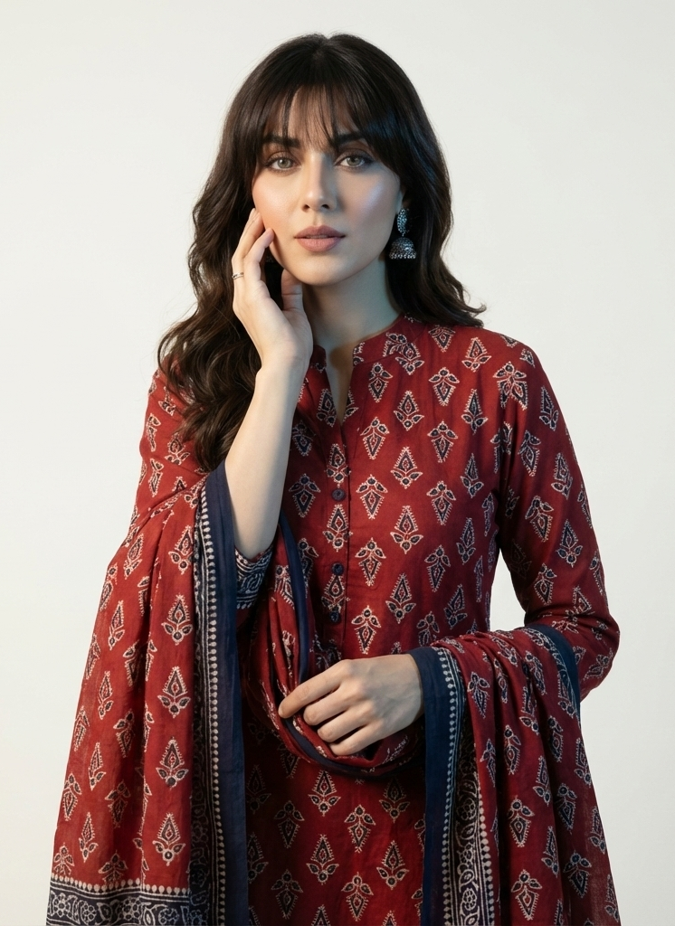 Ajrak Design Dress Floral Butti – Organic Dye Hand Block Printed Two-Piece ( Lawn)