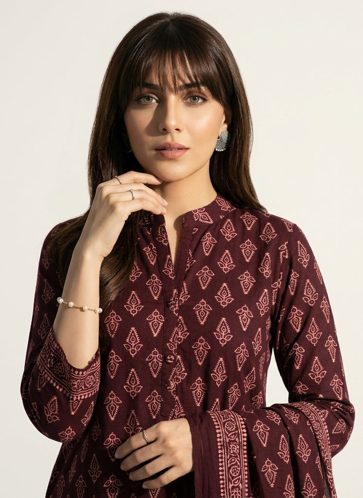 Ajrak Design Dress Floral Butta Two-Piece – Organic Dye Hand Block Printed Lawn (Burgundy Wine)