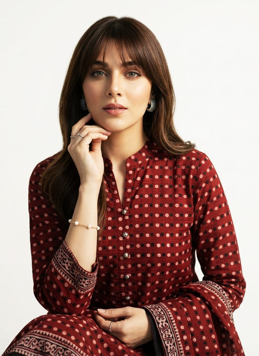 Ajrak Maroon Red Polka Dot Shirt & Dupatta Set Lawn – Luxury Organic Dye Hand Block Print Ajrak Design Dress