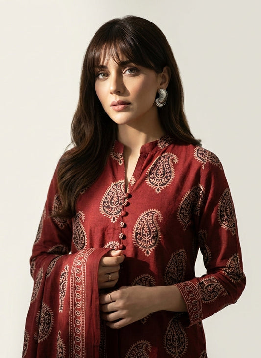 Ajrak Design Dress Red Anbi Motif Lawn– Luxury Organic Dye Hand Block Printed Two-Piece