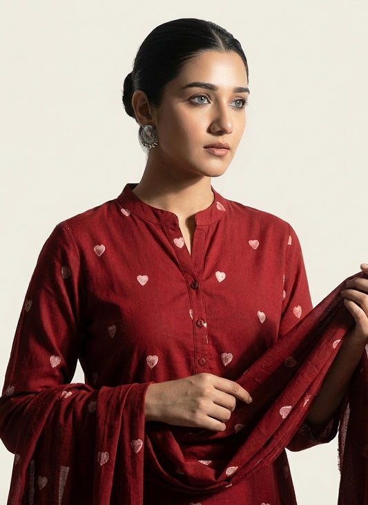 Organic Dye Hand Block Printed Ajrak Design Dress – Red Heart Two-Piece Lawn (Shirt & Dupatta)