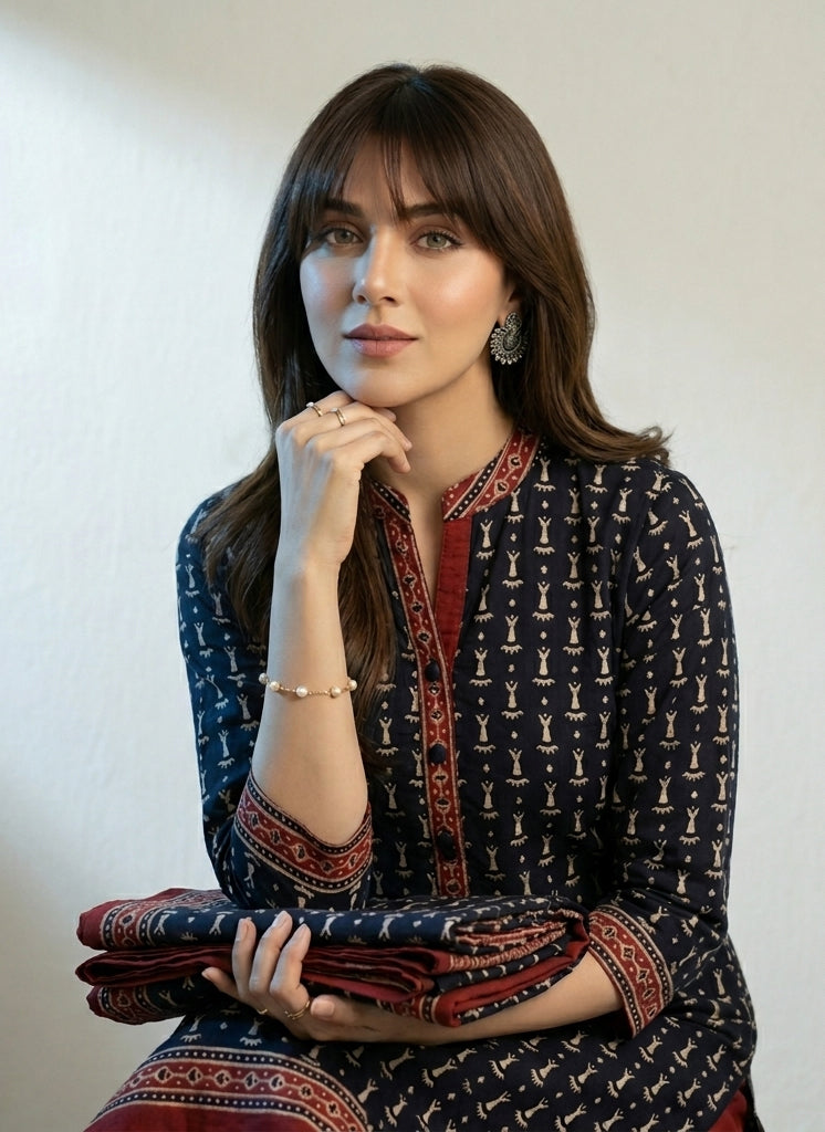 Organic Dye Hand Block Printed Ajrak Black Contrast Bone Two-Piece – Unstitched Lawn Fabric