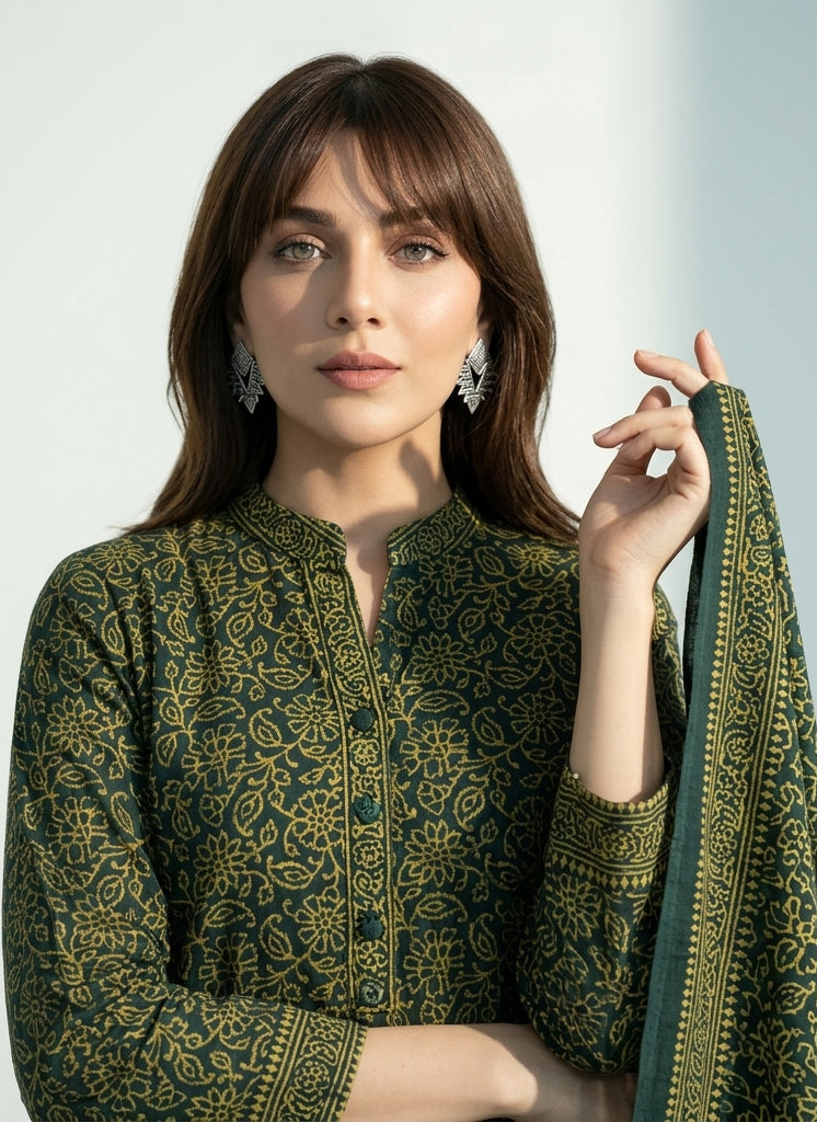 Ajrak Green Floral Bel – Unstitched Lawn Two-Piece (Shirt & Dupatta)