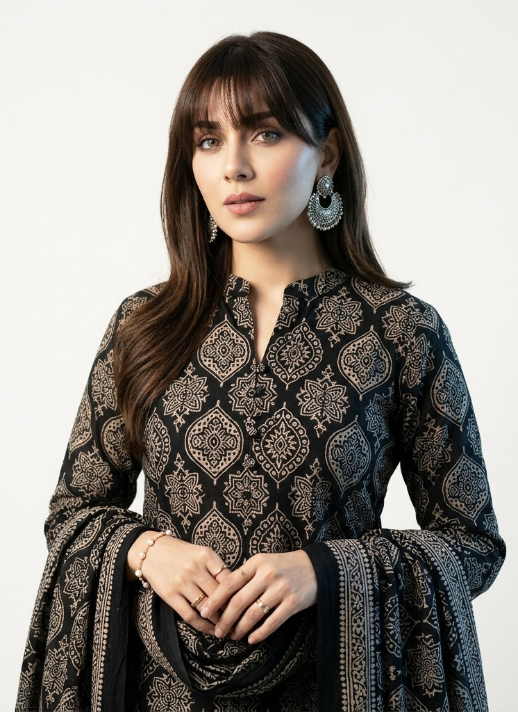 Organic Dye Hand Block Printed Ajrak Black Badam – Unstitched Lawn Two-Piece (Shirt & Dupatta)