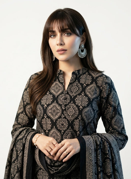 Organic Dye Hand Block Printed Ajrak Black Badam – Unstitched Lawn Two-Piece (Shirt & Dupatta)