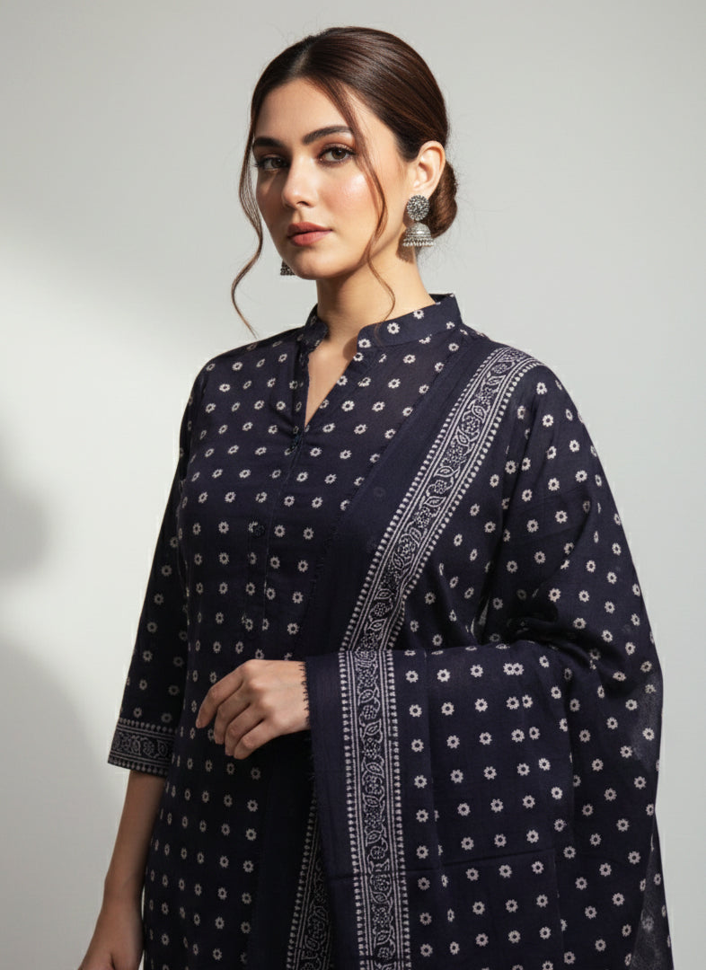 Ajrak Design Dress Cosmic Diamonds Black – Organic Dye Hand Block Printed Lawn Two-Piece (Shirt & Dupatta)
