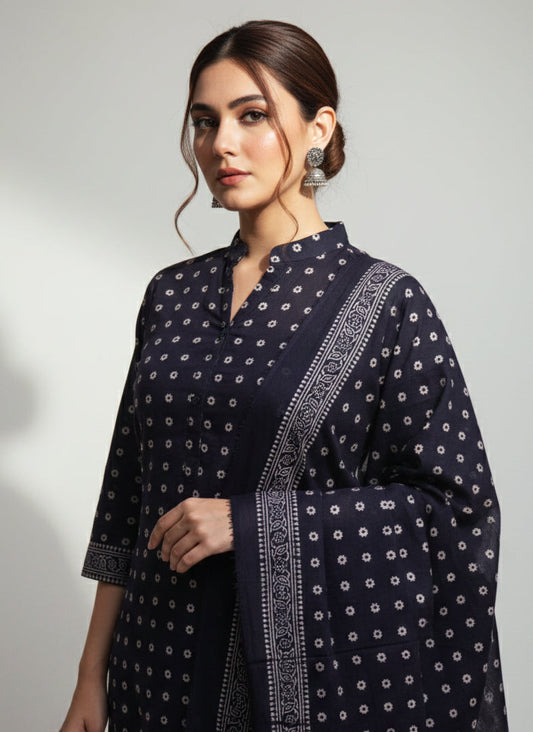 Ajrak Design Dress Cosmic Diamonds Black – Organic Dye Hand Block Printed Lawn Two-Piece (Shirt & Dupatta)
