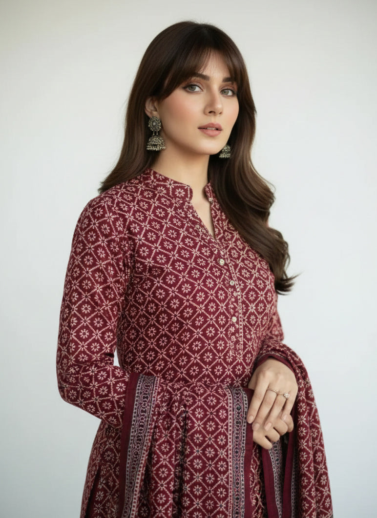 Ajrak Floral Jaal Organic Dye Unstitched Two-Piece Set – Hand Block Printed Shirt & Dupatta