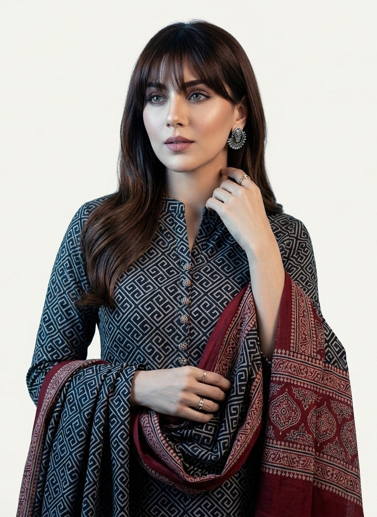 Ajrak Taskeen – Organic Dye Hand Block Printed Two-Piece Dress Lawn, Shirt & Dupatta)