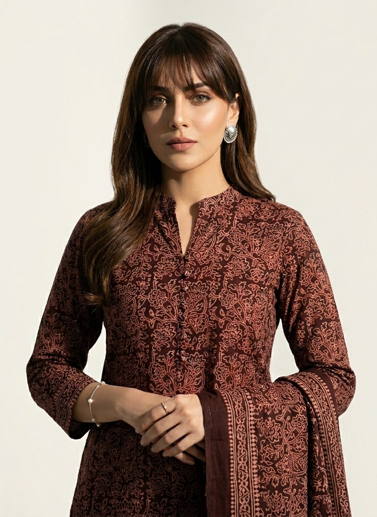 Ajrak Design Dress Floral Bel Maroon – Organic Dye Hand Block Printed Two-Piece (Lawn)
