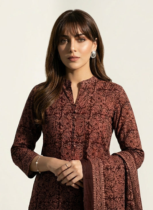 Ajrak Design Dress Floral Bel Maroon – Organic Dye Hand Block Printed Two-Piece (Lawn)